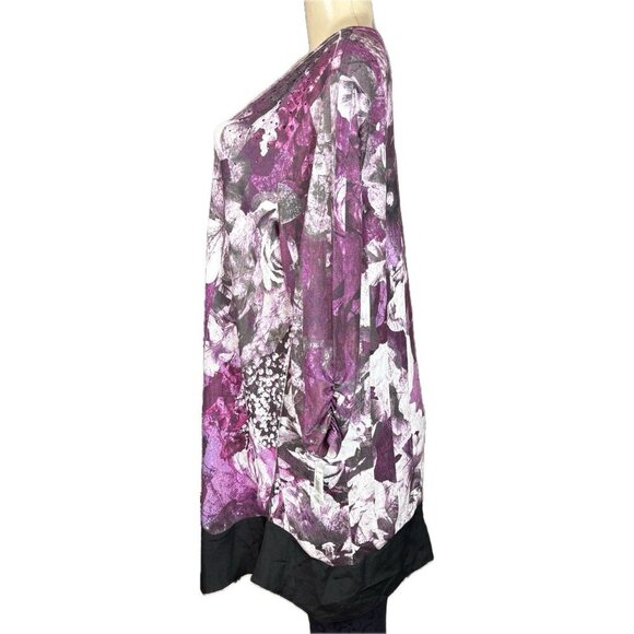 Style & Co +1X Purple Floral Scoop Neck Contrast Hemline 3/4 Ruched Sleeve Top - Picture 5 of 6
